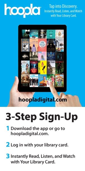 3 step sign up hoopla.jpg Promotional poster for hoopla Digital